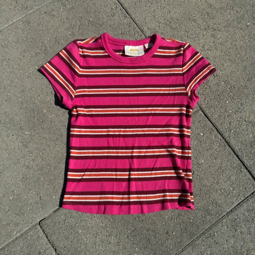 Maeve Anthropologie Pink Striped Ribbed Knit Short Sleeve Baby Tee XS